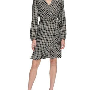 Tommy Hilfiger Women’s Checker Ruffle Hem Wrap Dress with long sleeve size 10